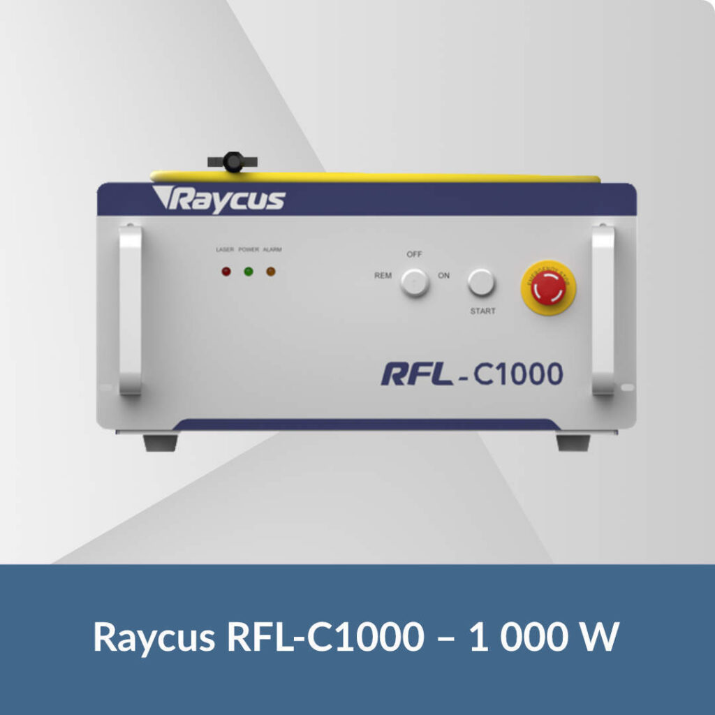 Źródło laserowe Raycus RFL-C1000 o mocy 1 000 W, widok od frontu z panelem sterowania, kontrolkami LED oraz przyciskiem bezpieczeństwa.
