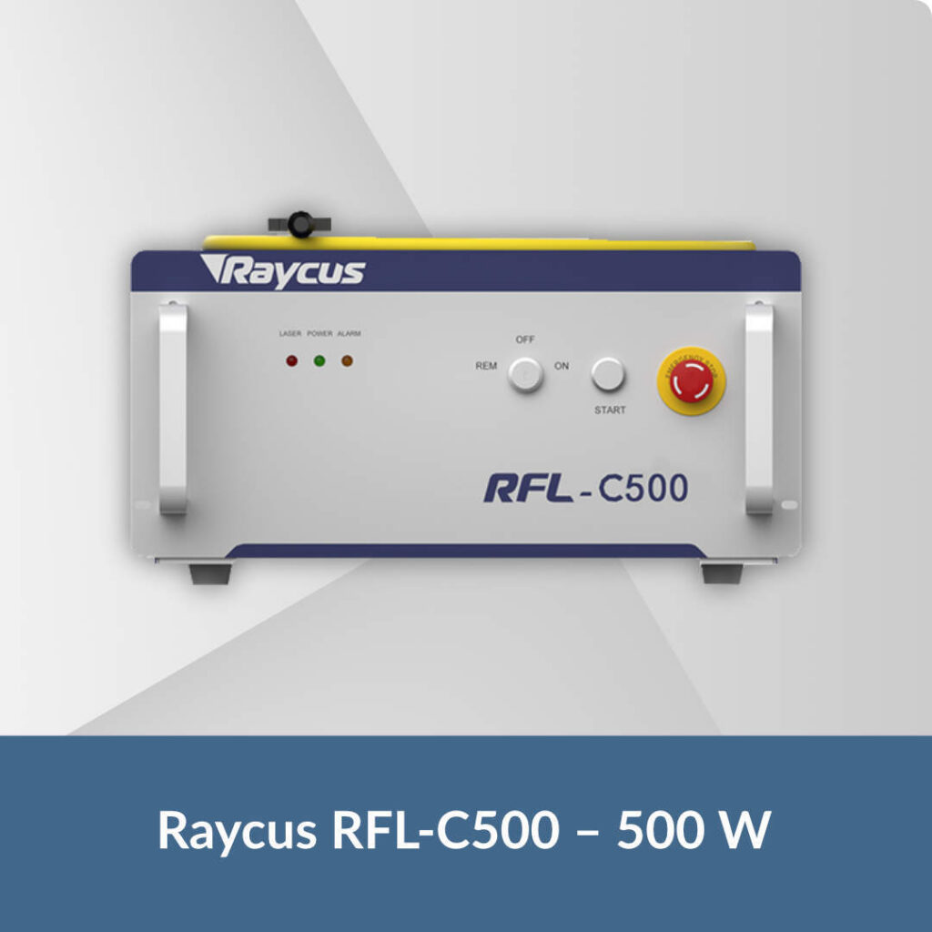 Źródło laserowe Raycus RFL-C500 o mocy 500 W, w kompaktowej obudowie z przednimi uchwytami, panelem sterowania i wskaźnikami LED.