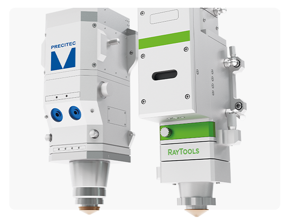 Głowice tnące Precitec i RayTools przedstawione w zbliżeniu jako kluczowe komponenty wycinarek laserowych.