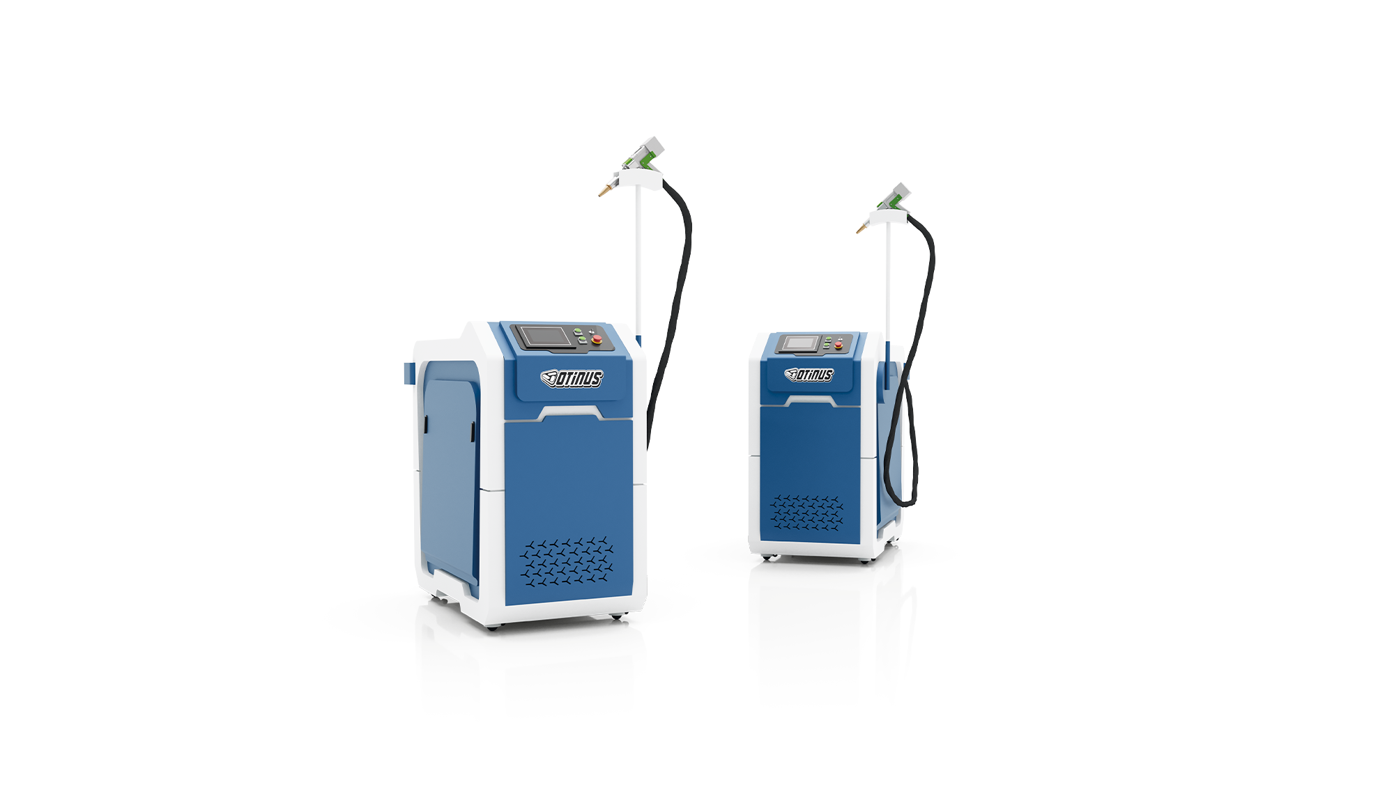 Dwie kompaktowe spawarki laserowe Otinus w biało-niebieskiej obudowie z podłączonymi ręcznymi głowicami roboczymi.