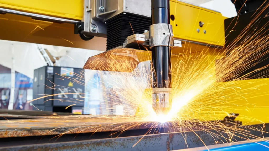 Proces cięcia plazmowego blachy na wycinarce CNC, z widoczną dyszą palnika emitującą intensywny łuk plazmowy i rozpryskujące się iskry podczas precyzyjnej obróbki metalu.